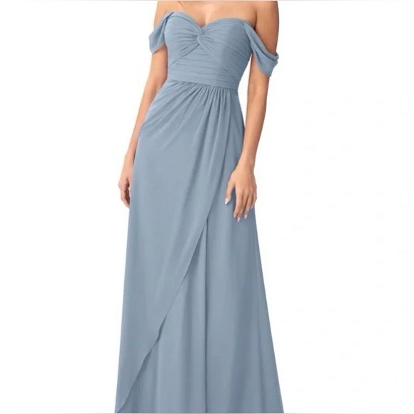 Azazie Millie Bridesmaid Faux Wrap Slit Side Dress In Steel Blue 8 - Picture 1 of 10